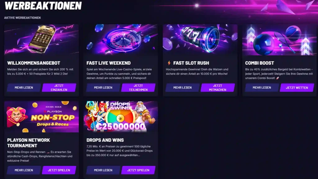 Fastslots Casino Übersicht der Bonusaktionen mit Willkommensbonus und Turnierangeboten