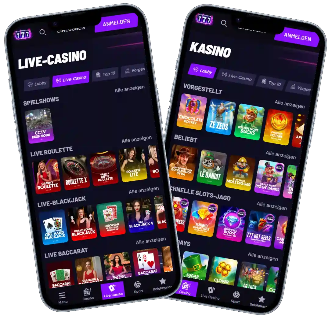 Fastslots Casino mobile Ansicht mit Live Casino und Slot Spiele Oberfläche auf dem Smartphone