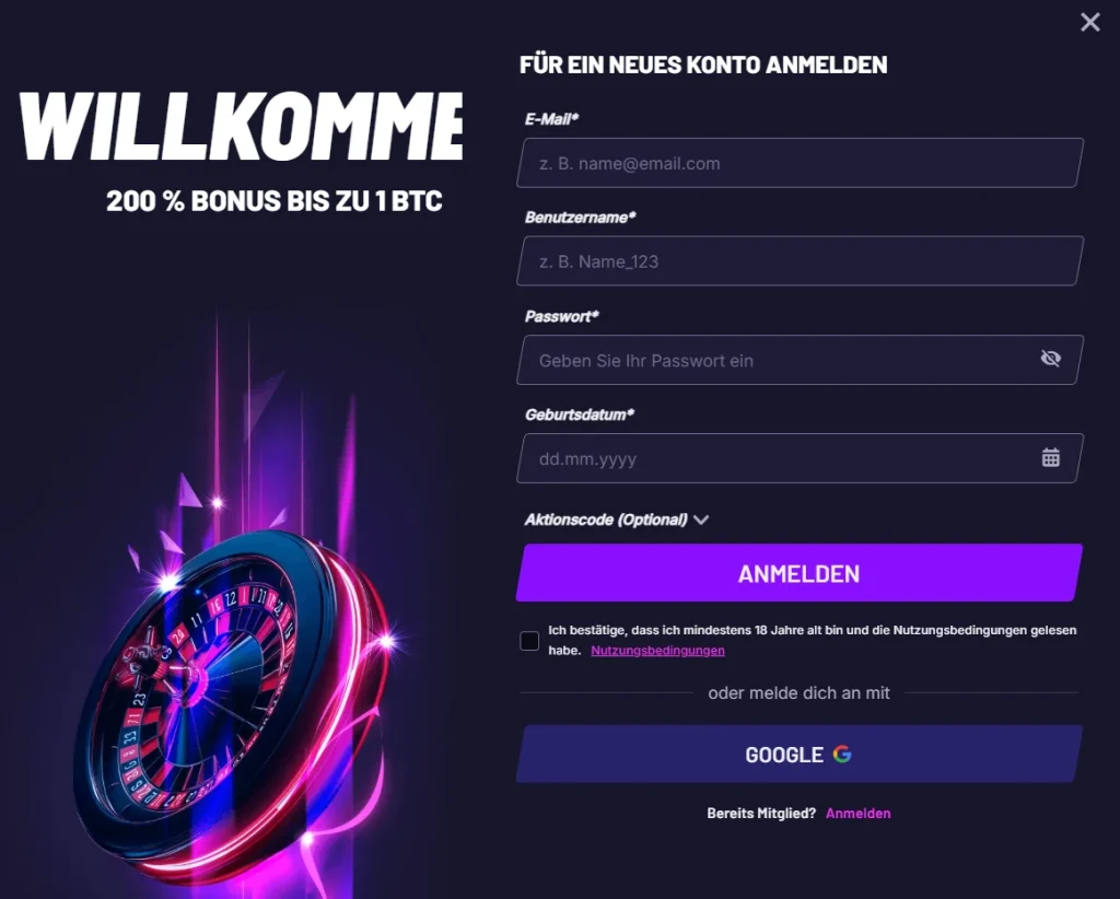 Fastslots Casino Registrierungsformular mit 200 % Bonus und Kontoanmeldung