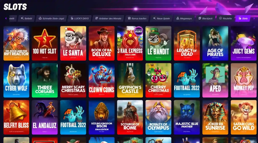 Fastslots Casino Slot Spiele Lobby mit verschiedenen Spielautomaten und Kategorien