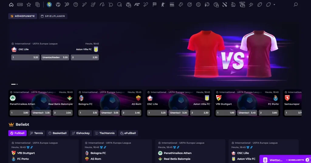 Fastslots Casino Sportwetten Bereich mit Fußball Spielen und Quoten Übersicht